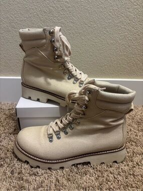 Buckle Women's Beige Canvas Lace-Up Boots
